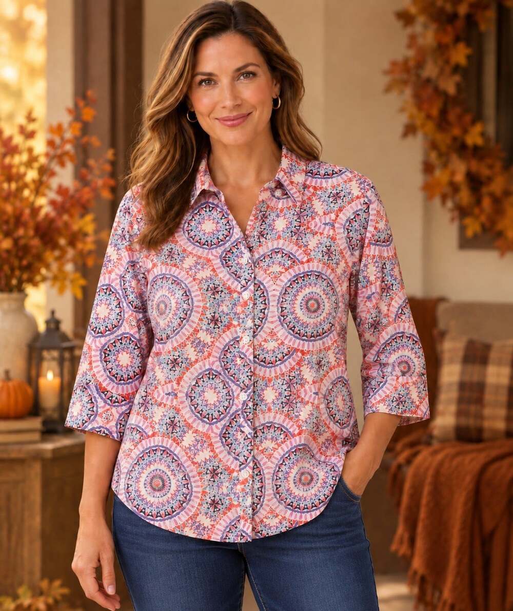 Chicos No Iron XL (3) 3/4 Sleeve Button Shirt Colorful Medallion 100% Cotton